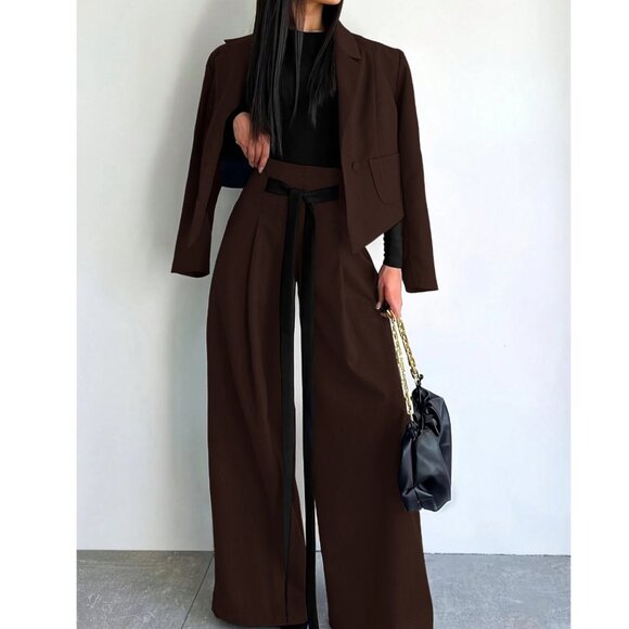 MODA ME COUTURE Jackets & Blazers - Coffee Brown Elegant Women's  Blazer Jacket & Wide Leg  Pants 2-Piece Set